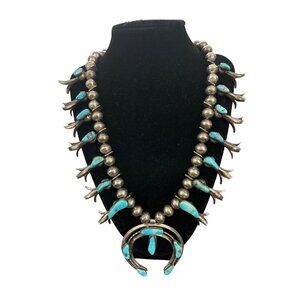 Vintage Navajo Squash Blossom Necklace With Turquoise & Silver Beads